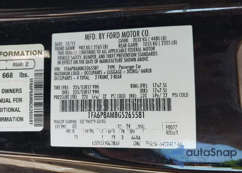 2016 Ford Mustang V6 из США, поврежденный, VIN 1FA6P8AM8G5265581